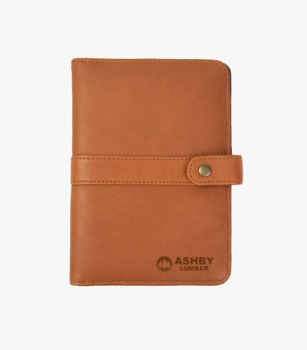 Leather journal with snap closure can be engraved with a logo