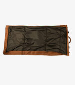 opened leather garment bag with pockets for shoes, ties, socks, and more
