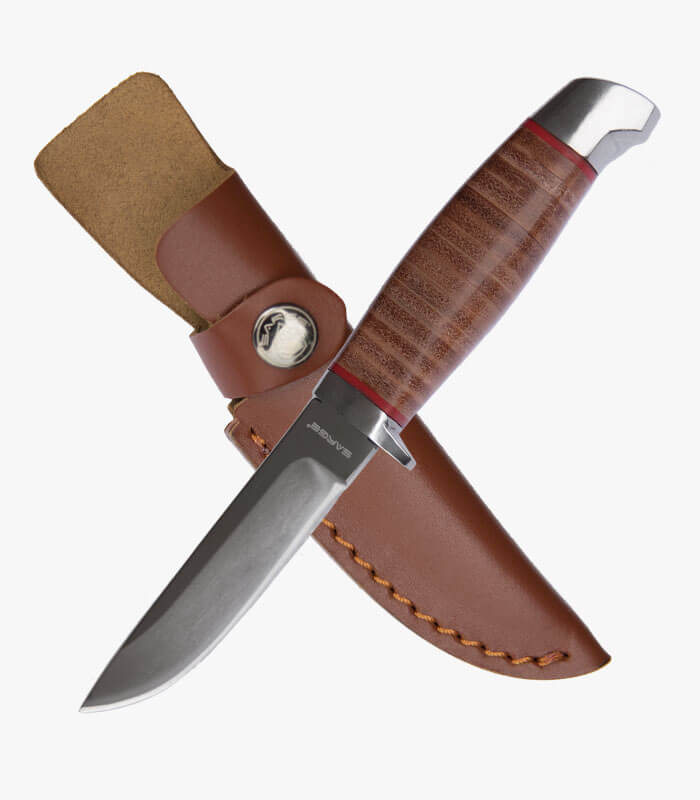 Front of stacked leather fixed blade and sheath