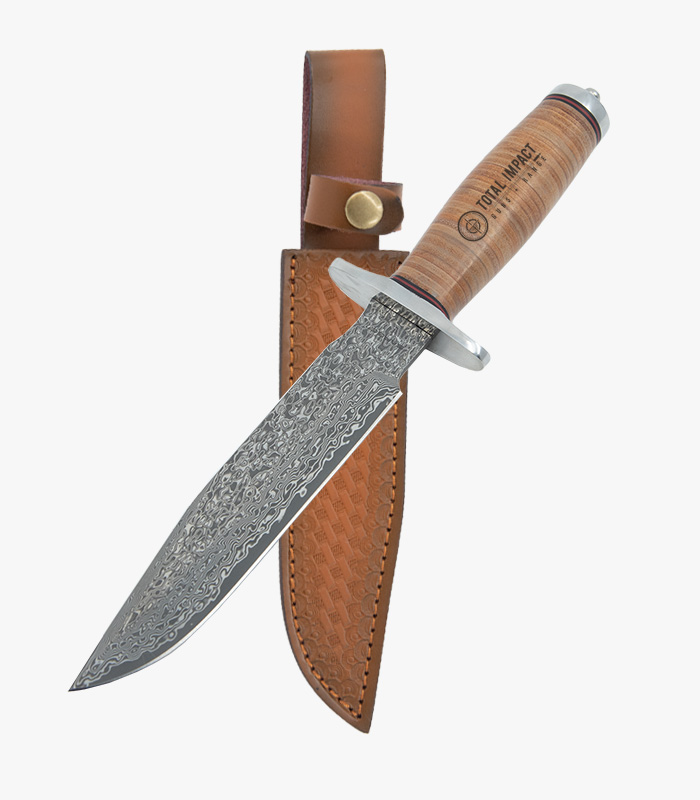Stacked Leather Damasucs Knife front engraved with logo on handle