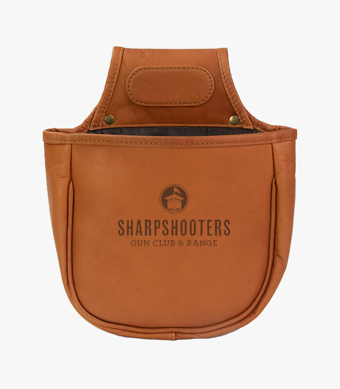 Leather shotgun shell bag on belt loop that can be engraved with logo