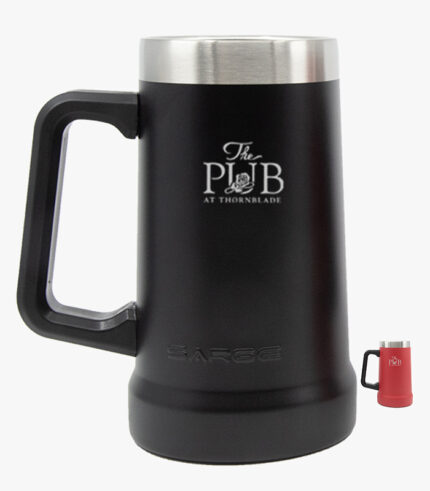 Front of logod black and red beer mugs